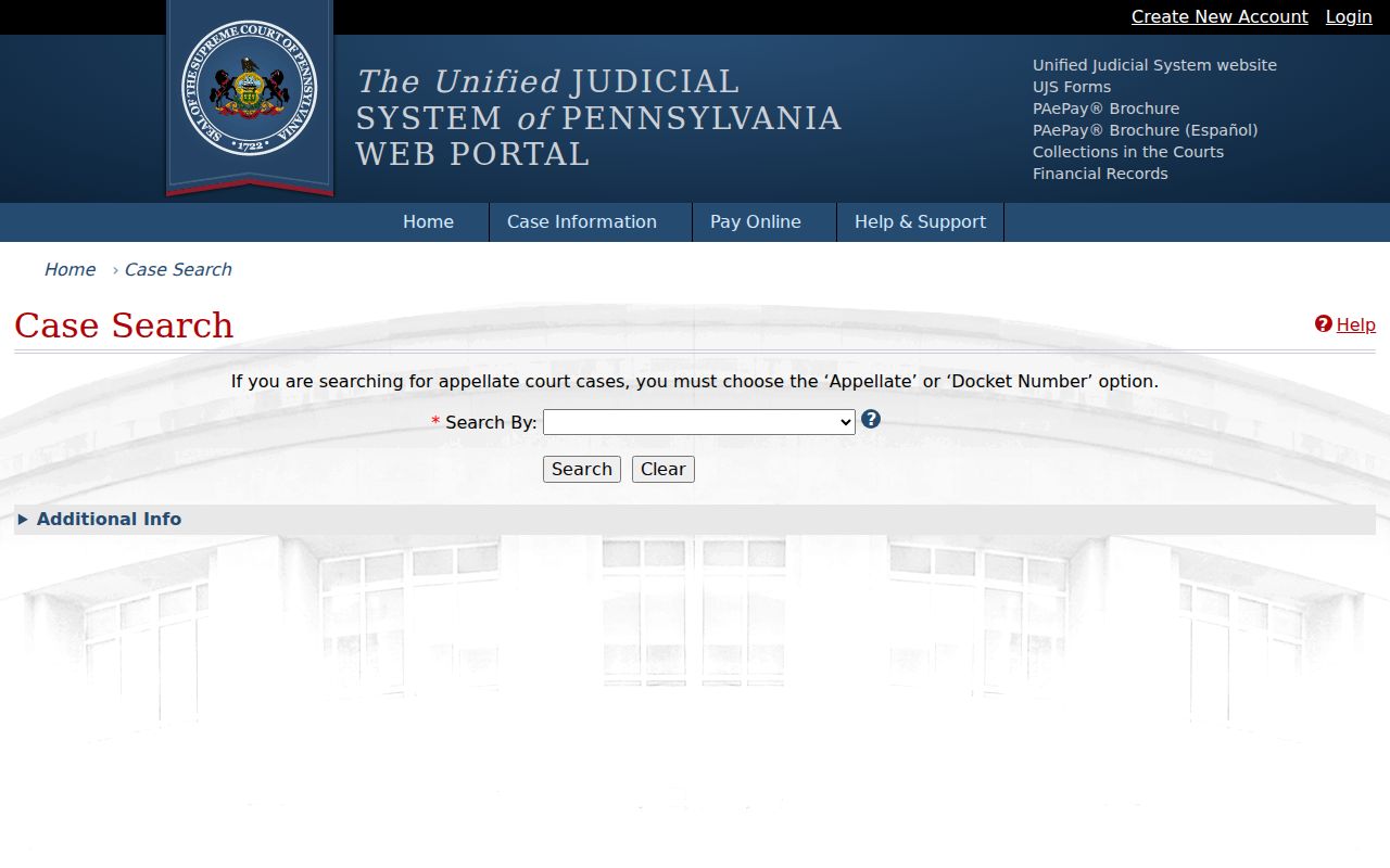 Buckingham Township residents directory Pennsylvania UJS case search fields